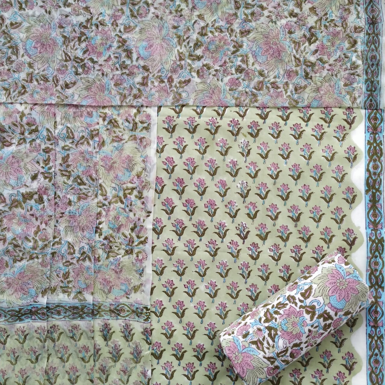 Shop Unstitched Hand Block Print Pure Cotton Suits with Chiffon Dupatta (PCHF156)