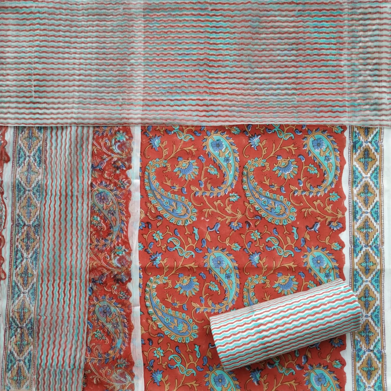 Shop Unstitched Hand Block Print Pure Cotton Suits online with Chiffon Dupatta (PCHF157)