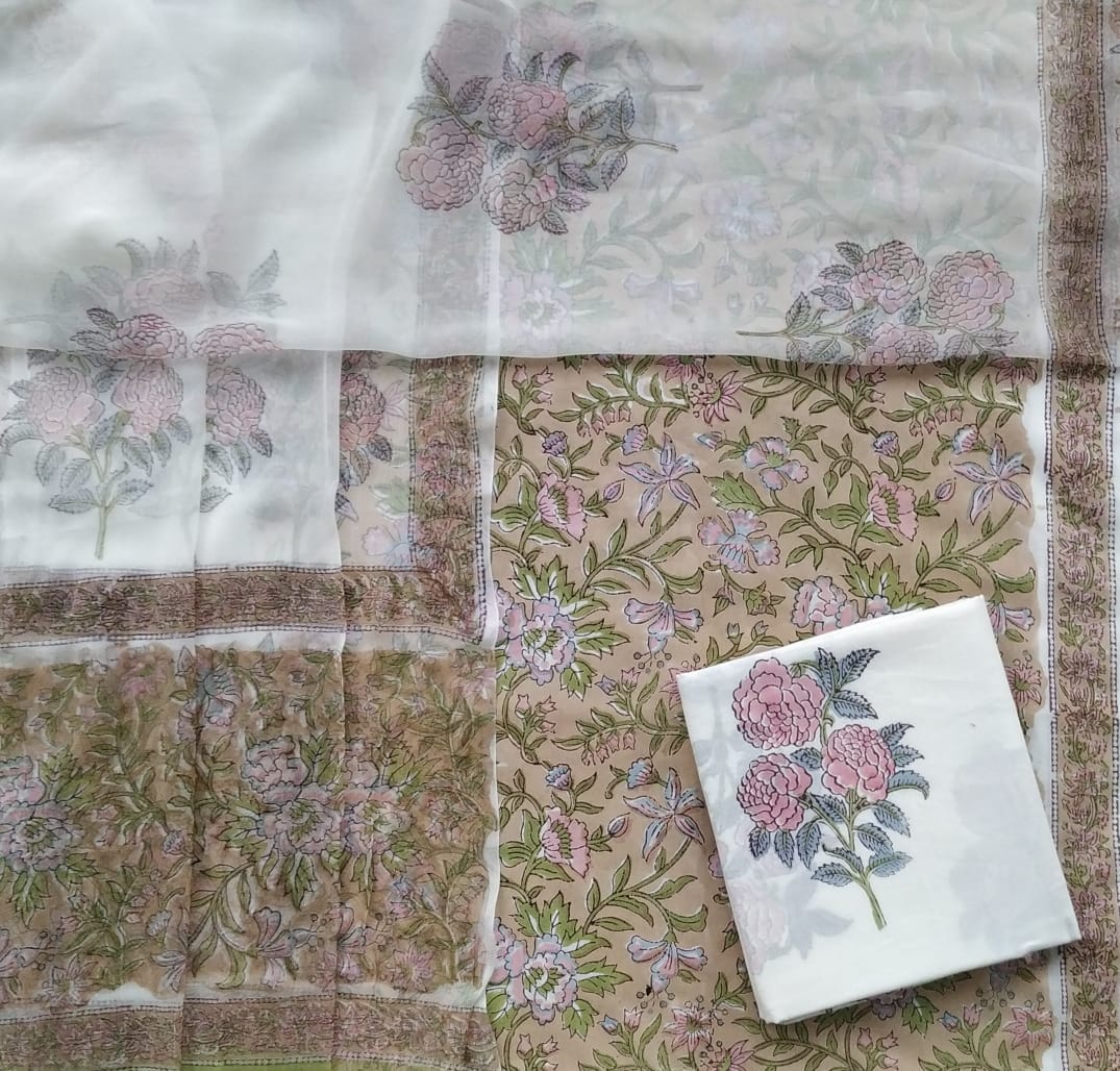 Shop Unstitched Hand Block Print Pure Cotton Suits with Chiffon Dupatta (PCHF162)