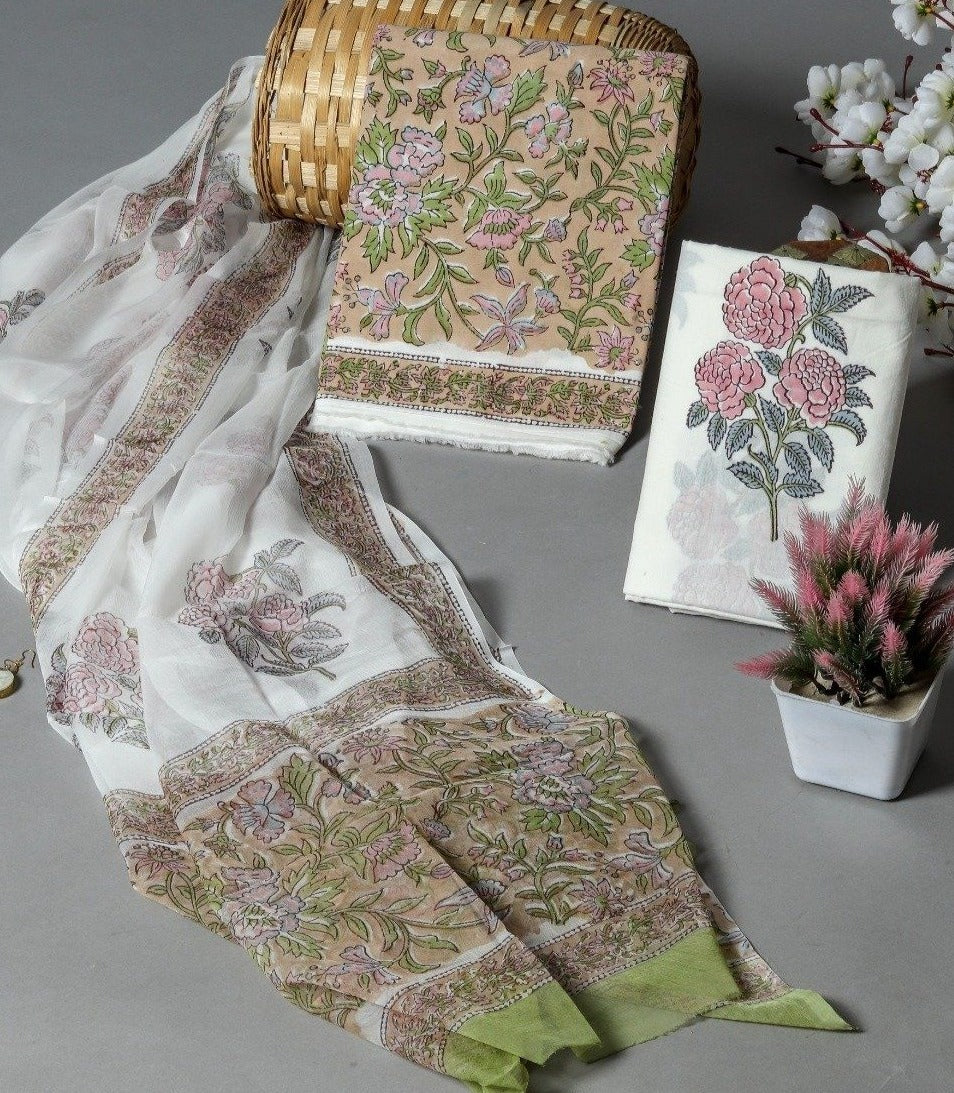 Shop Unstitched Hand Block Print Pure Cotton Suits with Chiffon Dupatta (PCHF162)