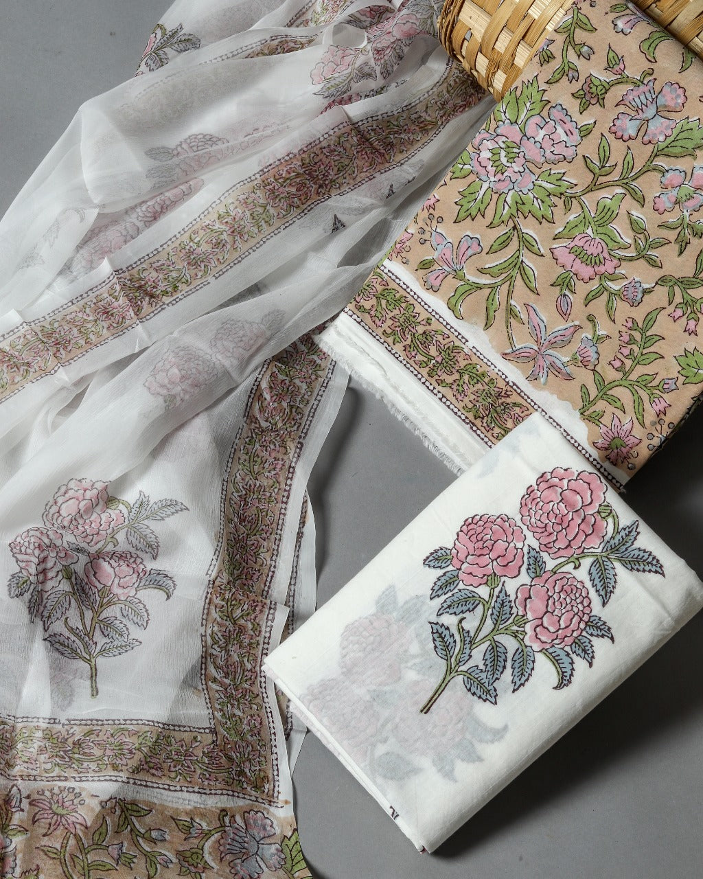 Shop Unstitched Hand Block Print Pure Cotton Suits with Chiffon Dupatta (PCHF162)