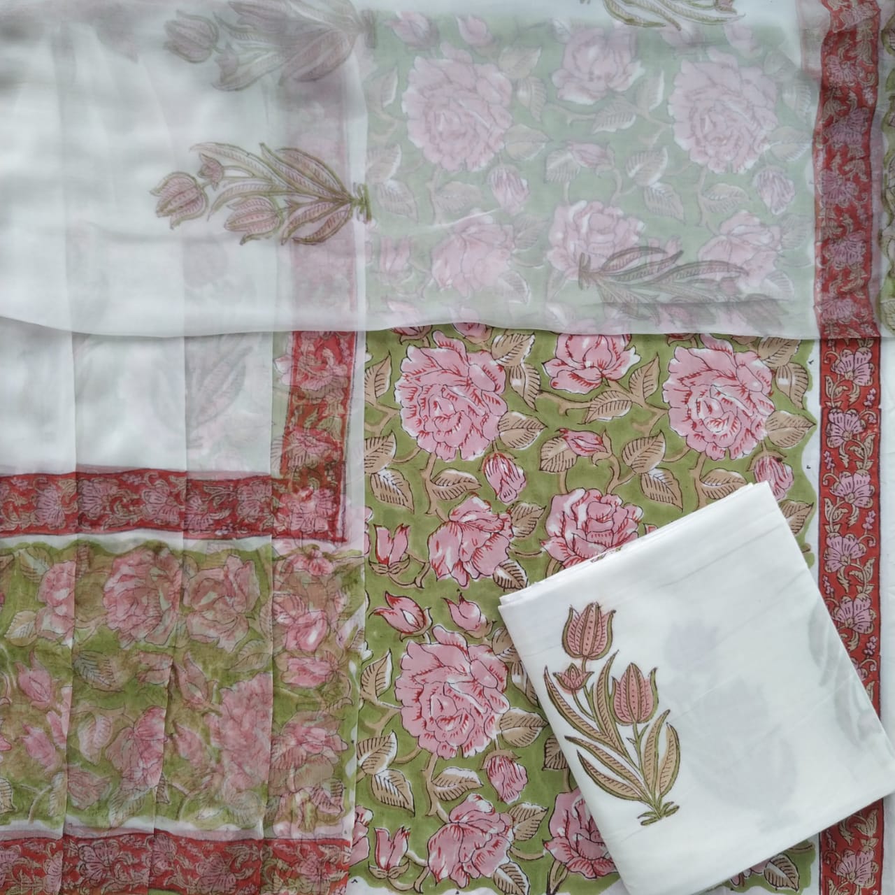 Shop Unstitched Hand Block Print Pure Cotton Suits with Chiffon Dupatta)