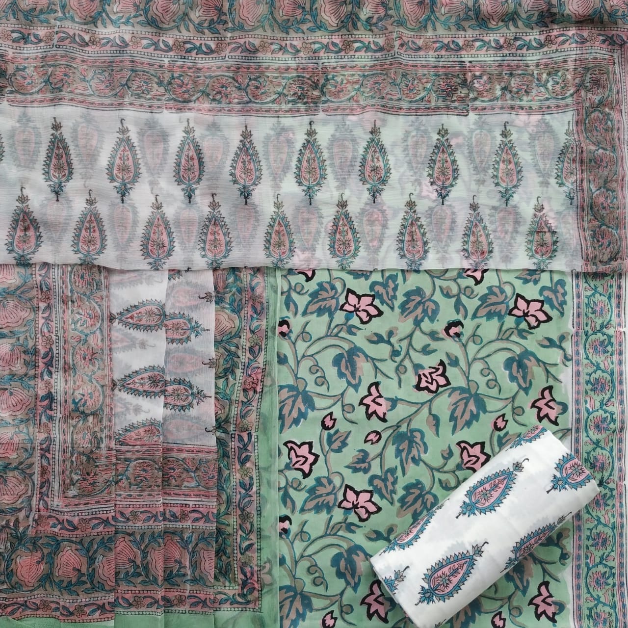 Shop UnstitchedHand Block Print Pure Cotton Suits with Chiffon Dupatta (PCHF170)