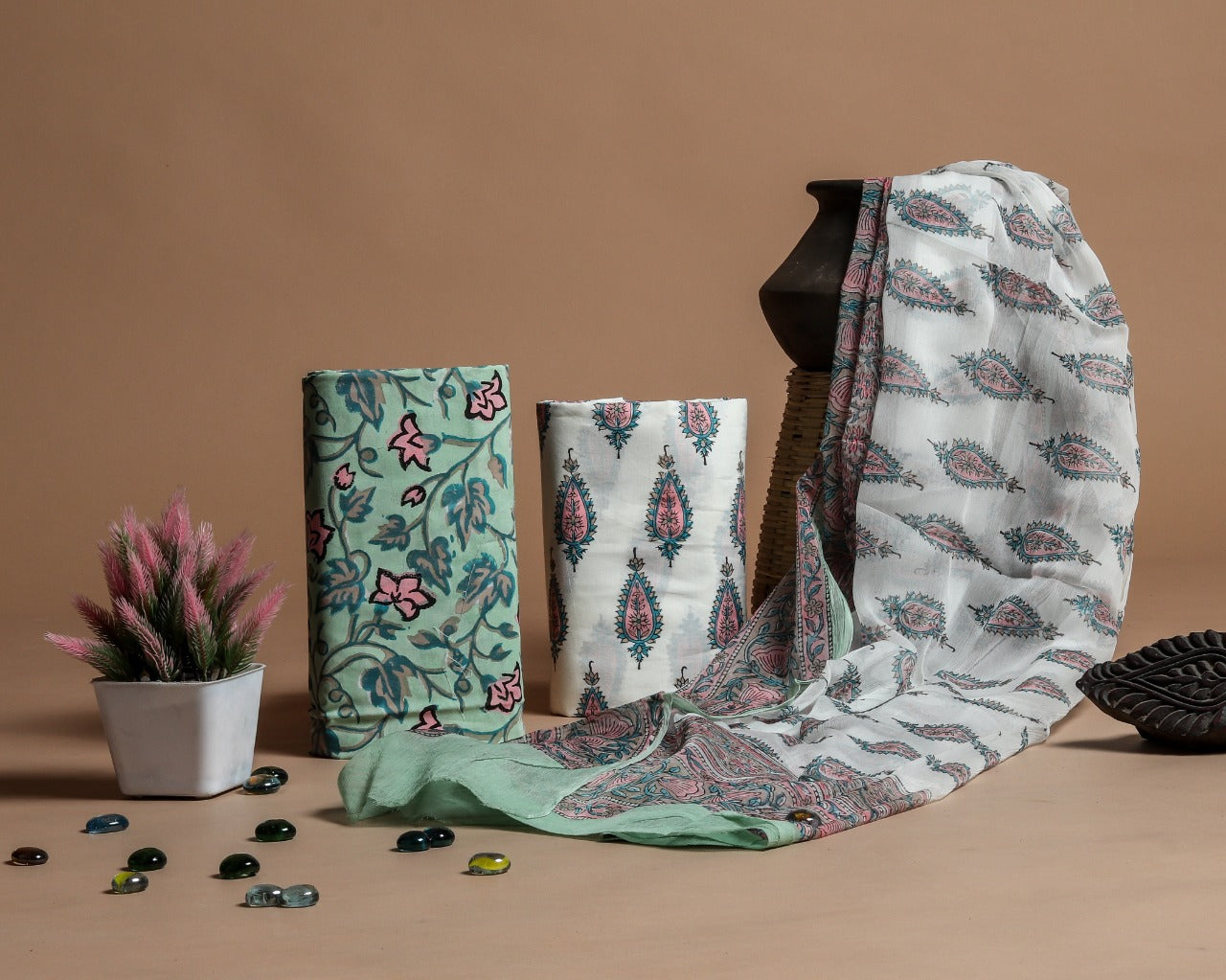 Shop UnstitchedHand Block Print Pure Cotton Suits with Chiffon Dupatta (PCHF170)