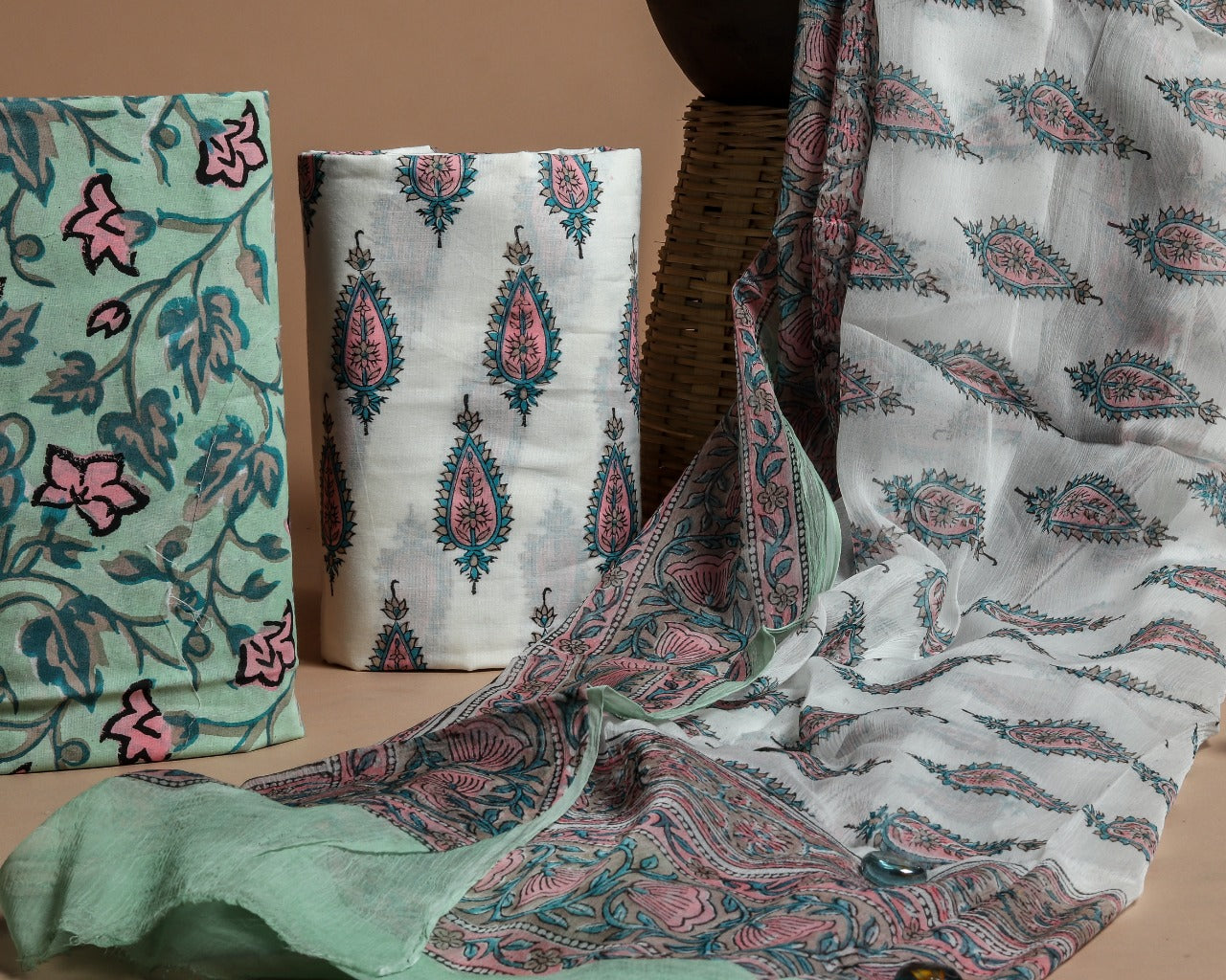 Shop UnstitchedHand Block Print Pure Cotton Suits with Chiffon Dupatta (PCHF170)