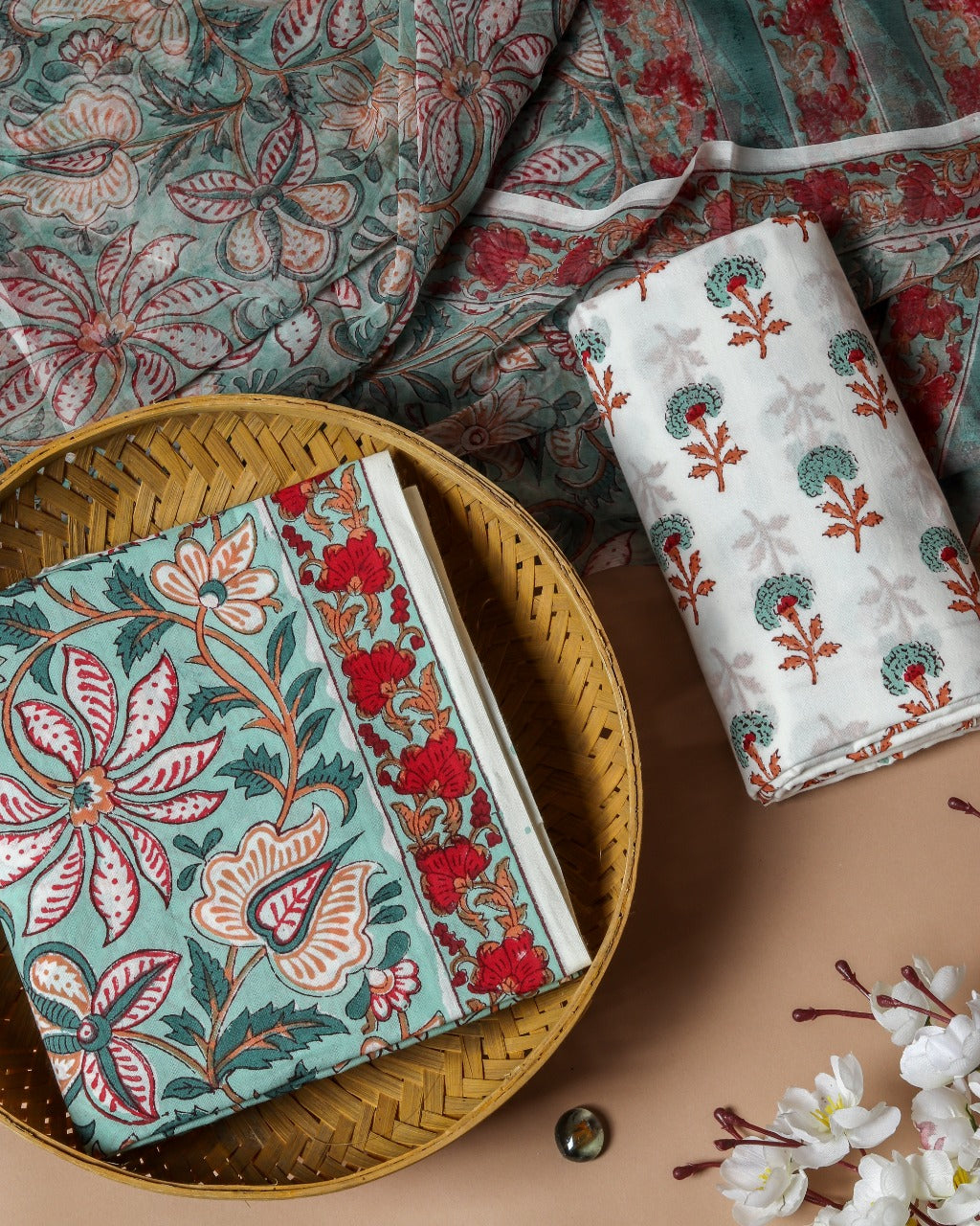 Shop Unstitched Hand Block Print Pure Cotton Suit with Chiffon Dupatta (PCHF171)