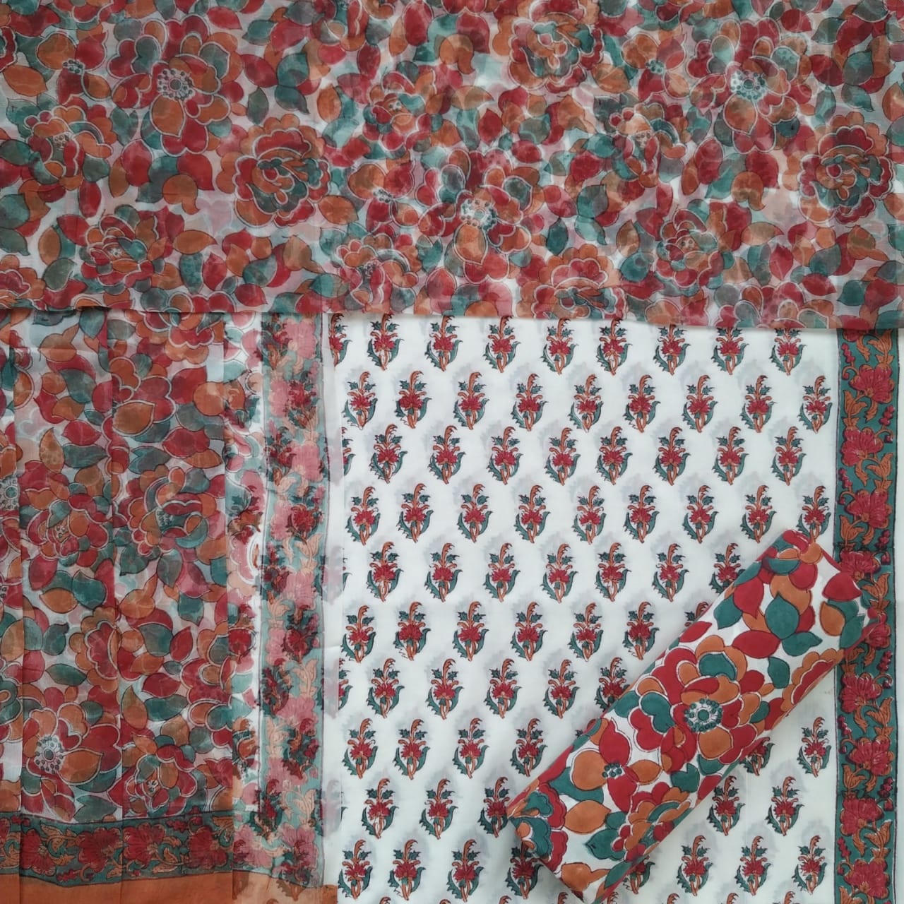 Shop Unstitched Hand Block Print Pure Cotton Suit with Chiffon Dupatta (PCHF173)