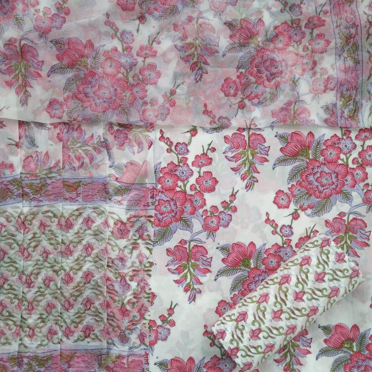 Shop Unstitched Hand Block Print Pure Cotton Suits with Chiffon Dupatta (PCHF172)