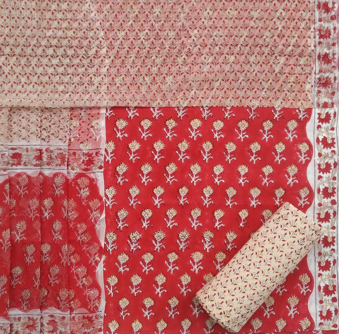 Shop Unstitched Hand Block Print Pure Cotton Suits with Chiffon Dupatta (PCHF174)