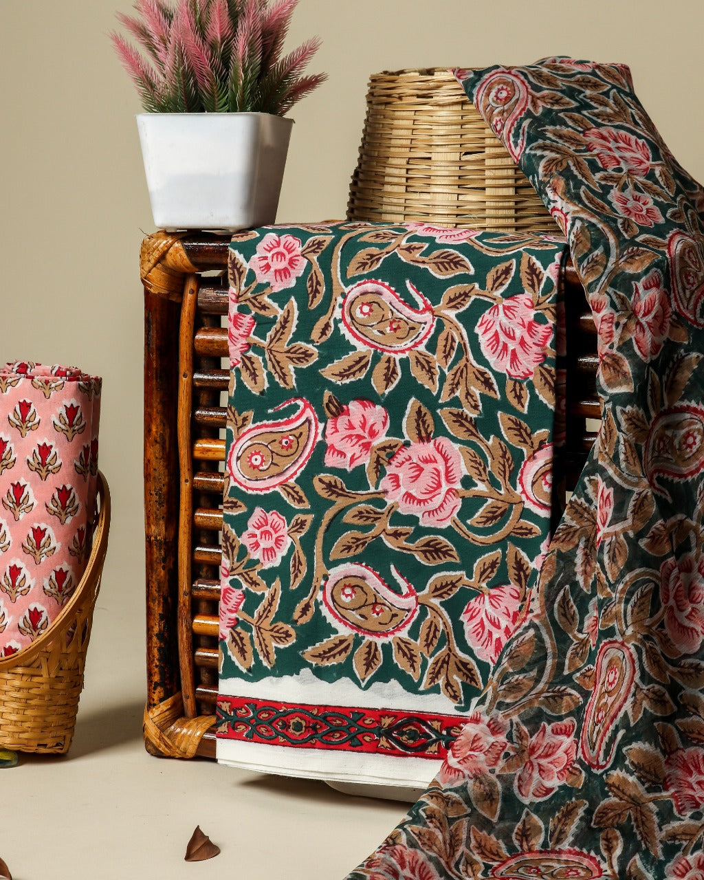 Shop Unstitched Hand Block Print Pure Cotton Suits with Chiffon Dupatta (PCHF176)