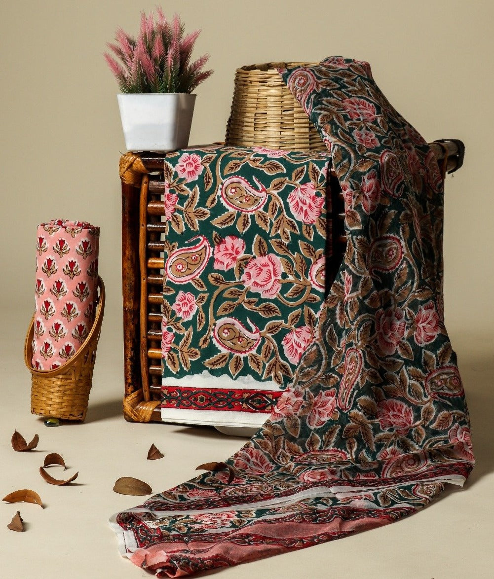 Shop Unstitched Hand Block Print Pure Cotton Suits with Chiffon Dupatta (PCHF176)