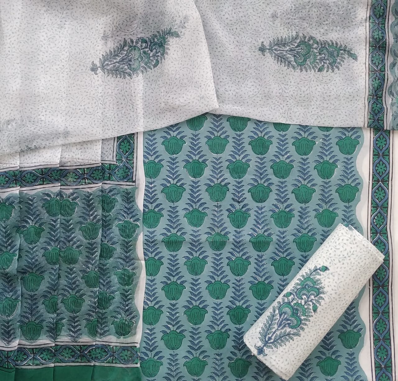 Shop Unstitched Hand Block Print Pure Cotton Suits with Chiffon Dupatta (PCHF190)