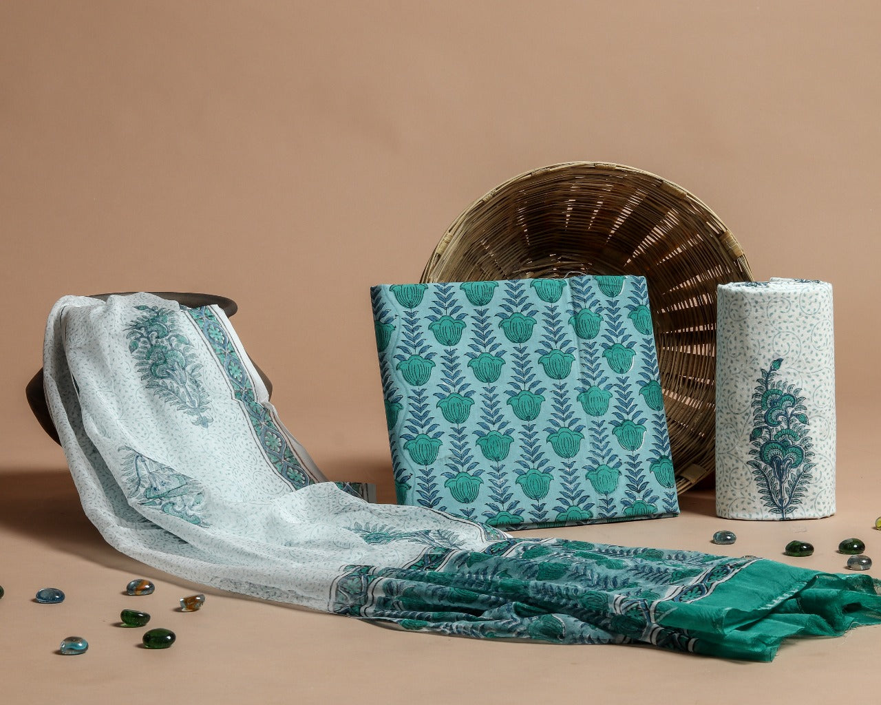 Shop Unstitched Hand Block Print Pure Cotton Suits with Chiffon Dupatta (PCHF190)