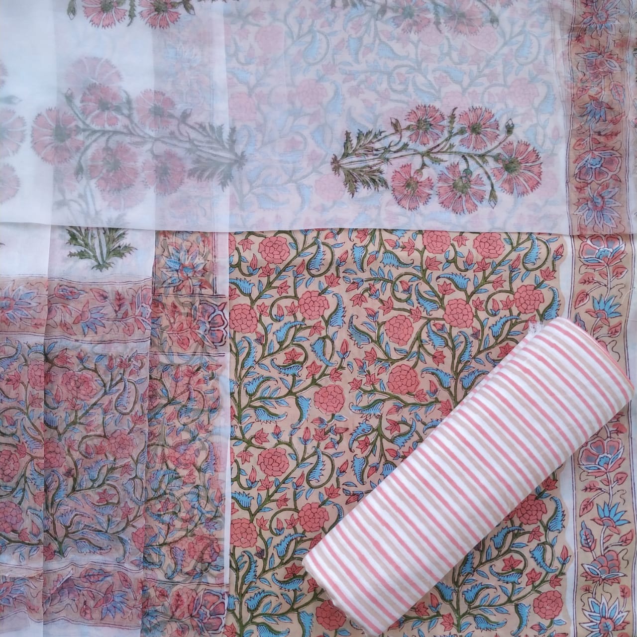 Shop Unstitched Hand Block Print Pure Cotton Suits with Chiffon Dupatta (PCHF191)