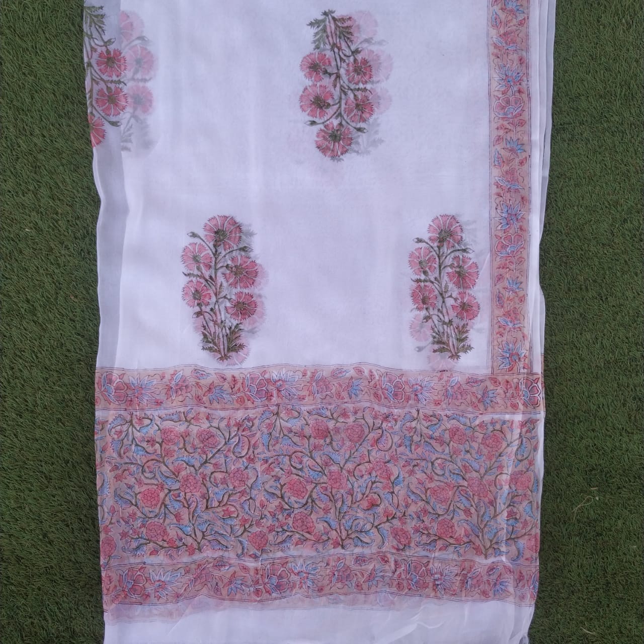 Shop Unstitched Hand Block Print Pure Cotton Suits with Chiffon Dupatta (PCHF191)