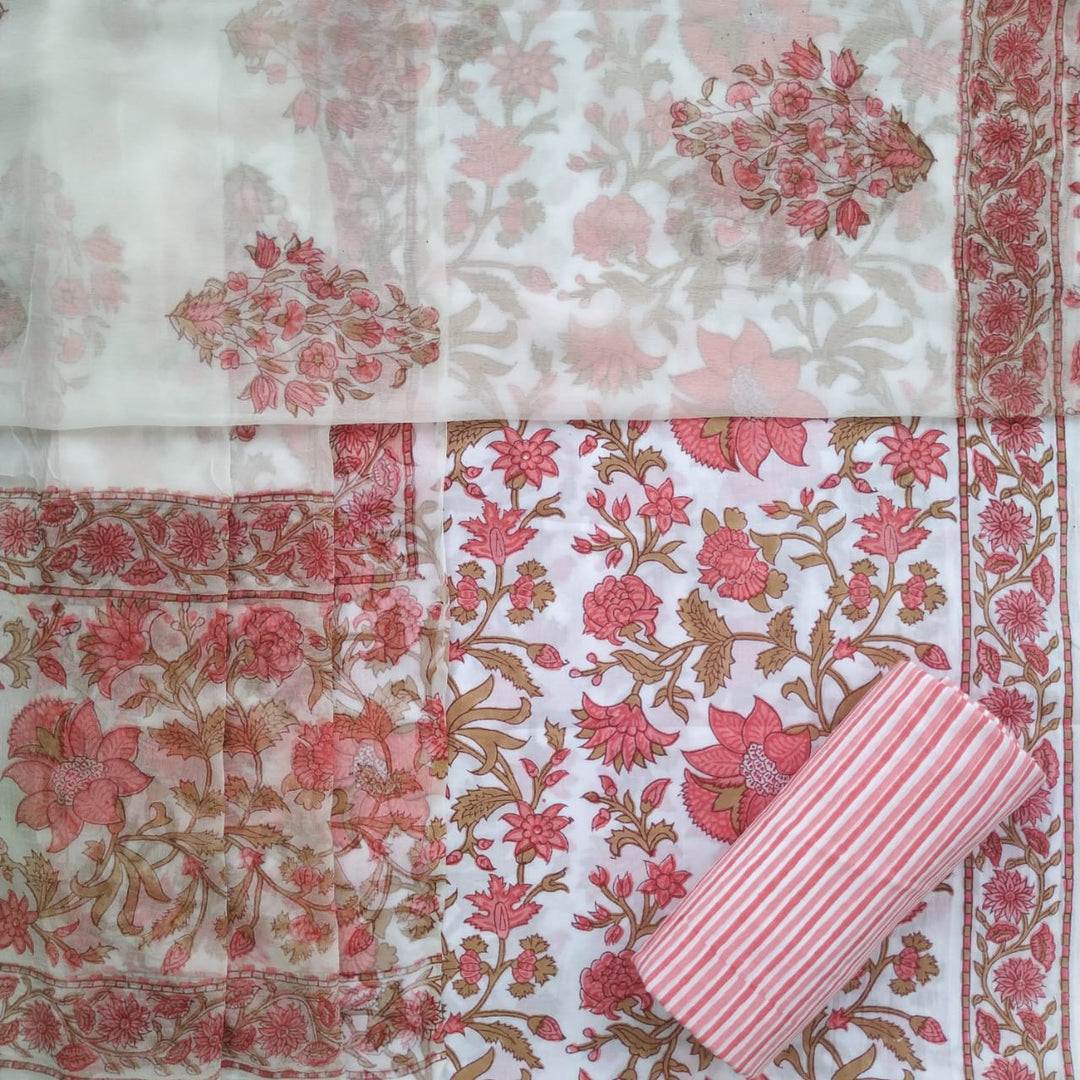 Shop Unstitched Hand Block Print Pure Cotton Suits with Chiffon Dupatta (PCHF211)