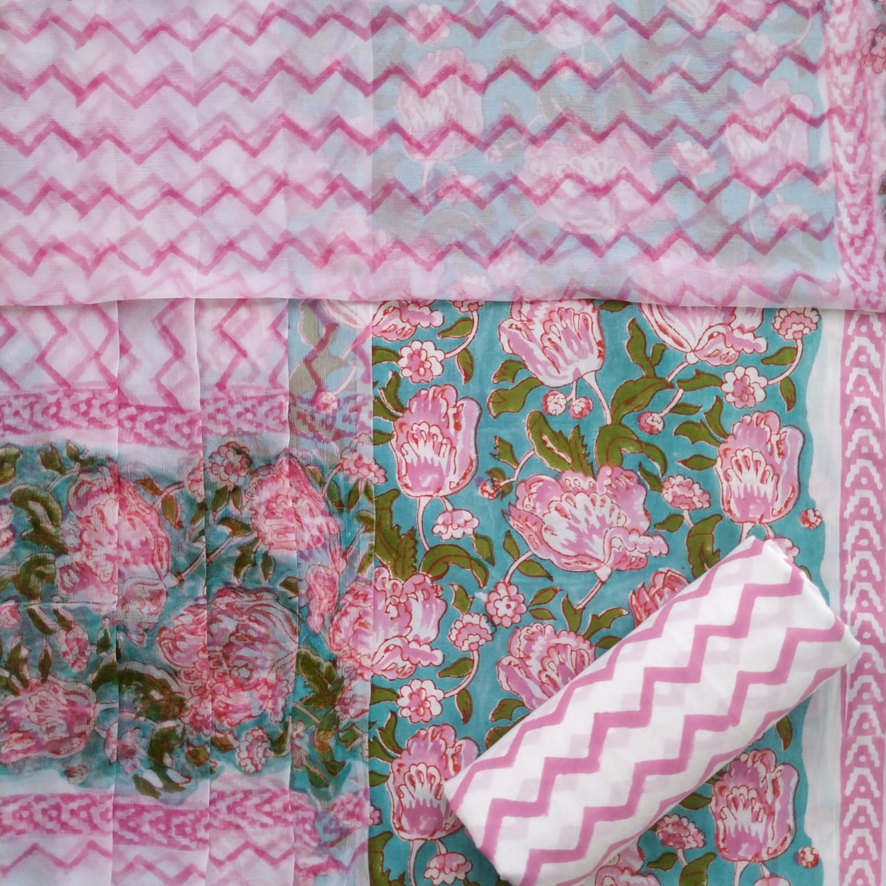 Shop Unstitched Summery Hand Block Print Pure Cotton Suits with Chiffon Dupatta (PCHF218)