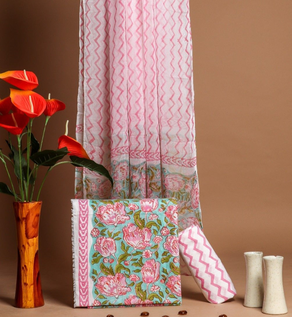 Shop Unstitched Summery Hand Block Print Pure Cotton Suits with Chiffon Dupatta (PCHF218)