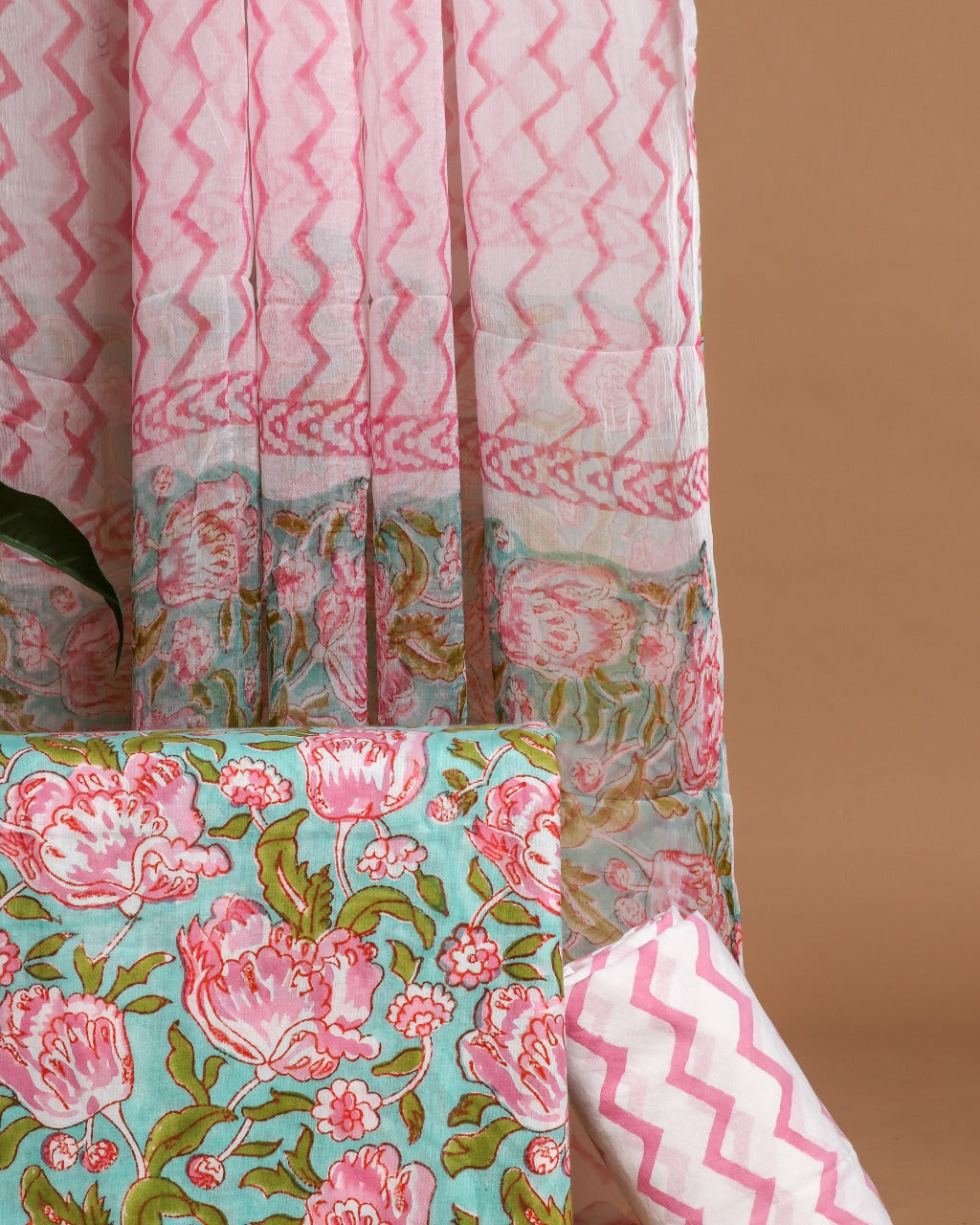 Shop Unstitched Summery Hand Block Print Pure Cotton Suits with Chiffon Dupatta (PCHF218)