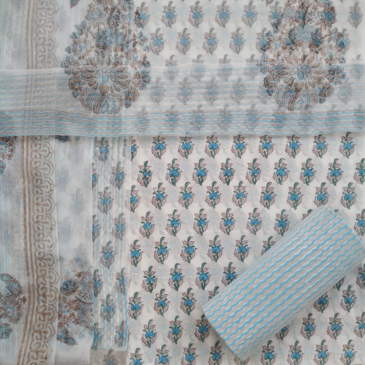 Shop Unstitched Hand Block Print Pure Cotton Suits with Chiffon Dupatta (PCHF222)