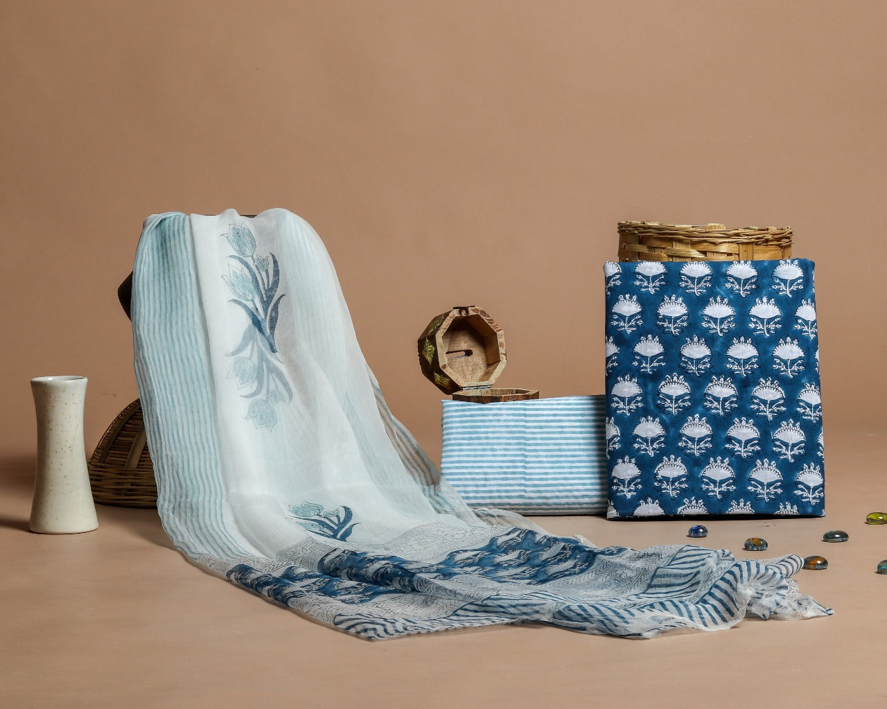 Shop Unstitched Hand Block Print Pure Cotton Suits with Chiffon Dupatta (PCHF223)