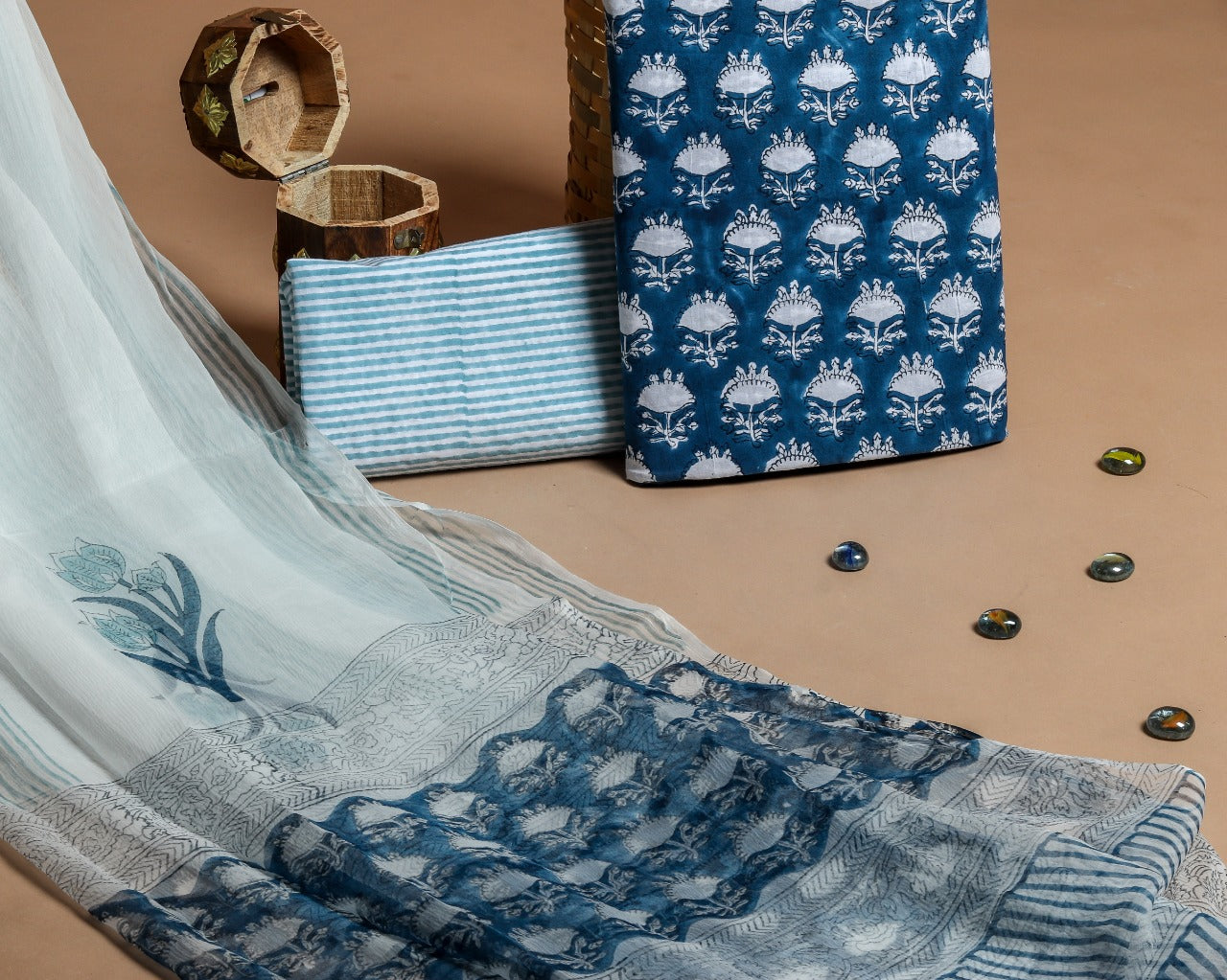 Shop Unstitched Hand Block Print Pure Cotton Suits with Chiffon Dupatta (PCHF223)