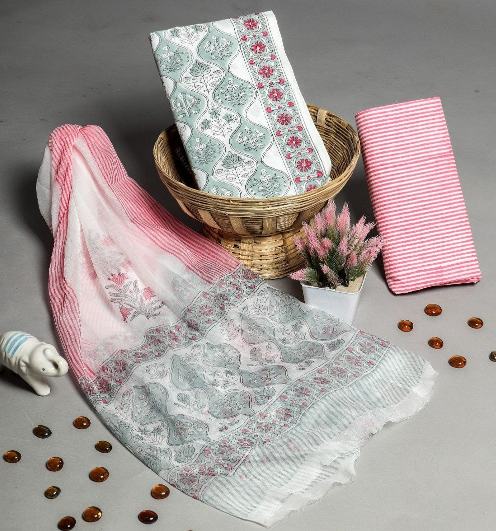 Shop Unstitched Hand Block Print Pure Cotton Suits with Chiffon Dupatta (PCHF225)
