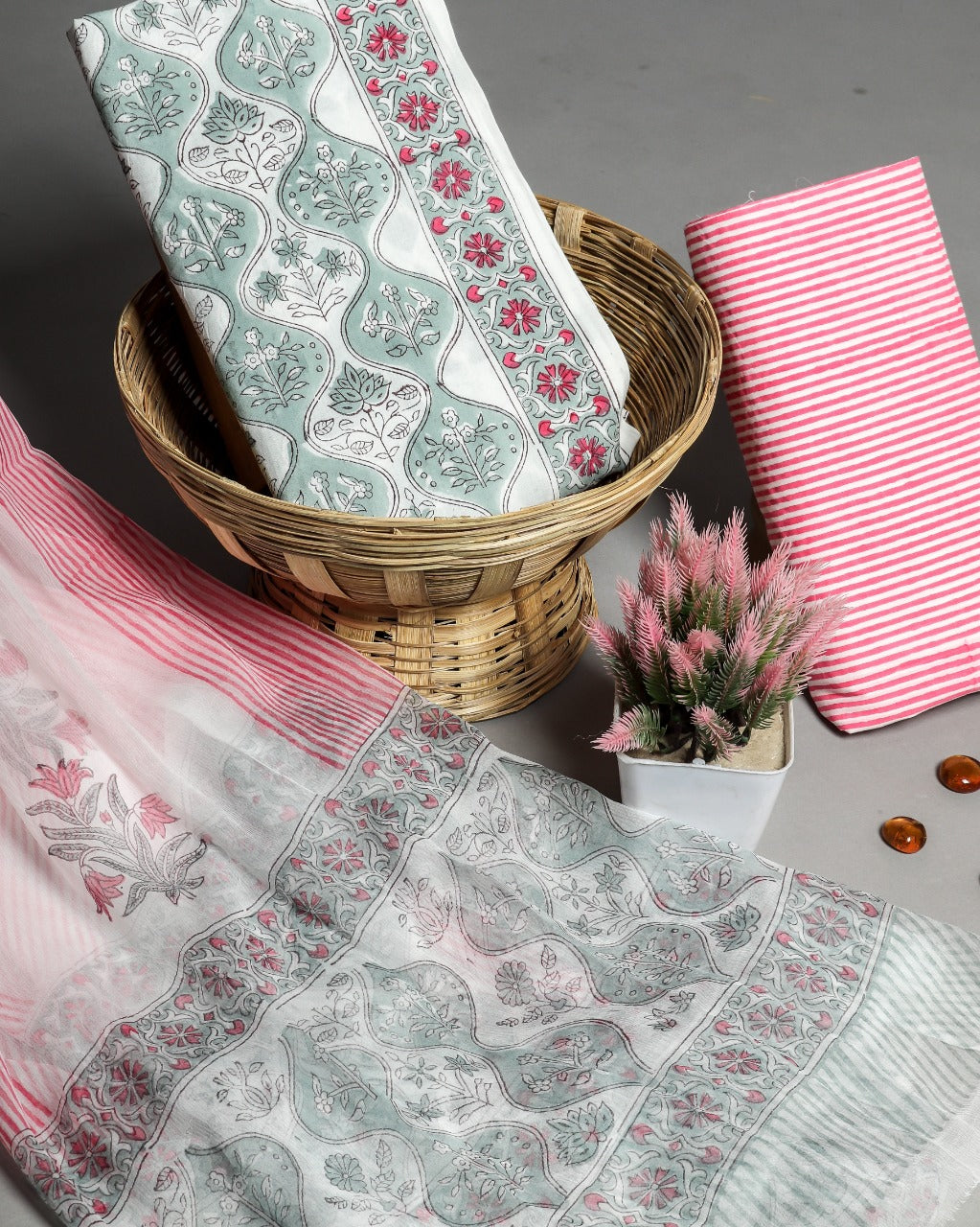 Shop Unstitched Hand Block Print Pure Cotton Suits with Chiffon Dupatta (PCHF225)