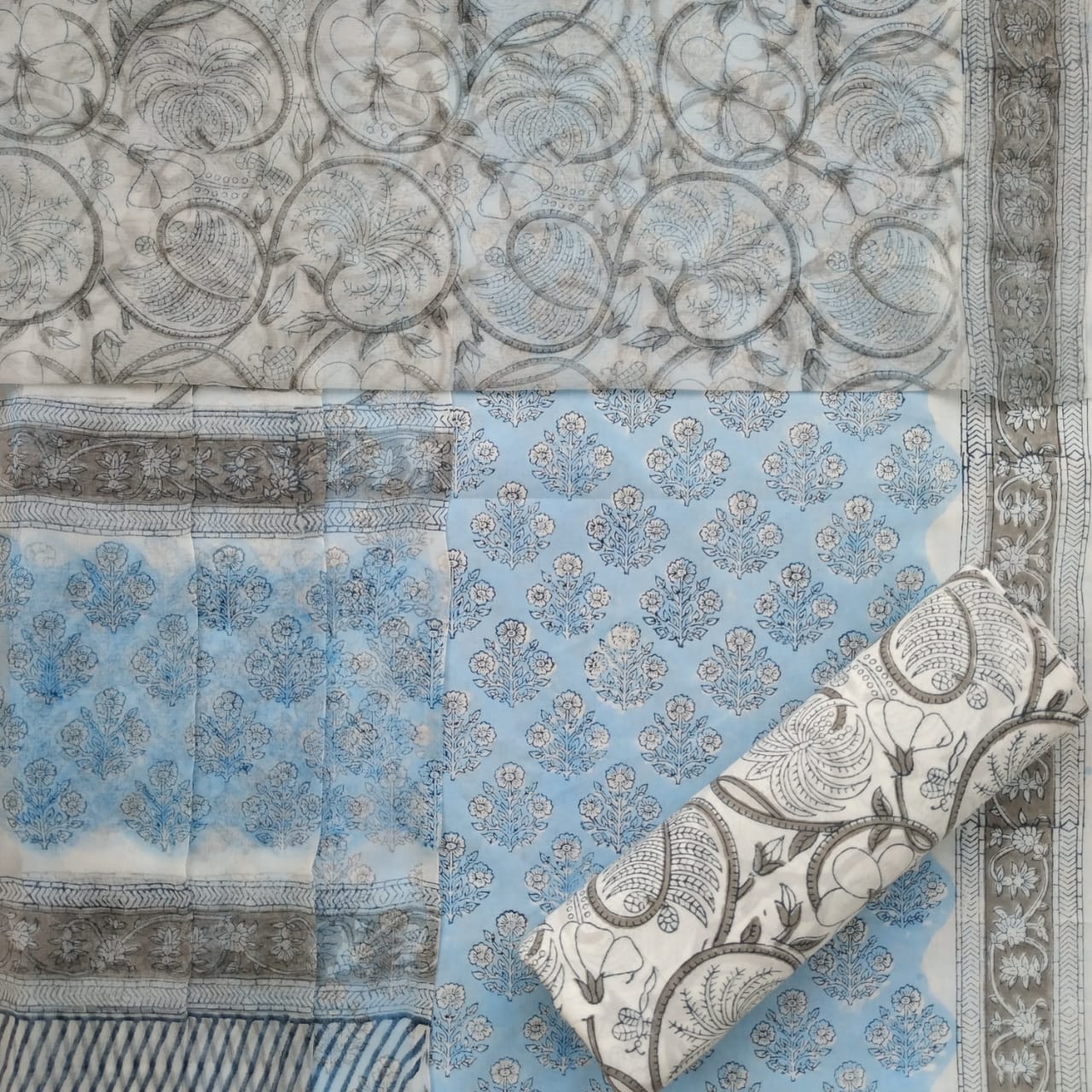 Shop Unstitched Hand Block Print Pure Cotton Suits with Chiffon Dupatta (PCHF228)