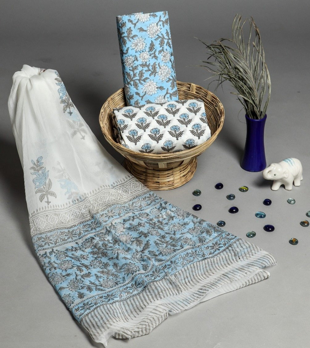 Shop Unstitched Hand Block Print Pure Cotton Suits with Chiffon Dupatta (PCHF231