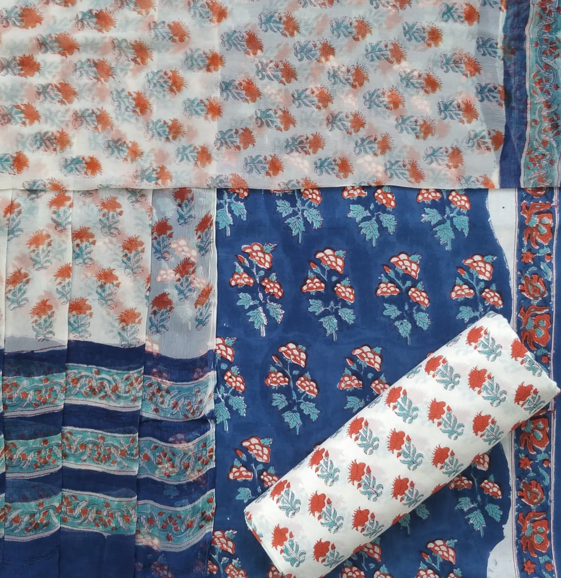 Shop Unstitched Hand Block Print Pure Cotton Suits with Chiffon Dupatta (PCHF243)