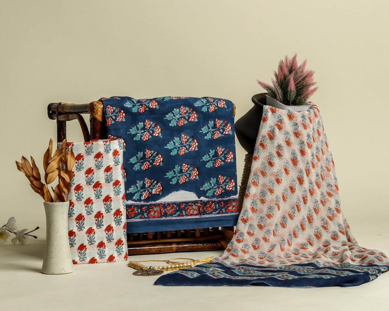 Shop Unstitched Hand Block Print Pure Cotton Suits with Chiffon Dupatta (PCHF243)