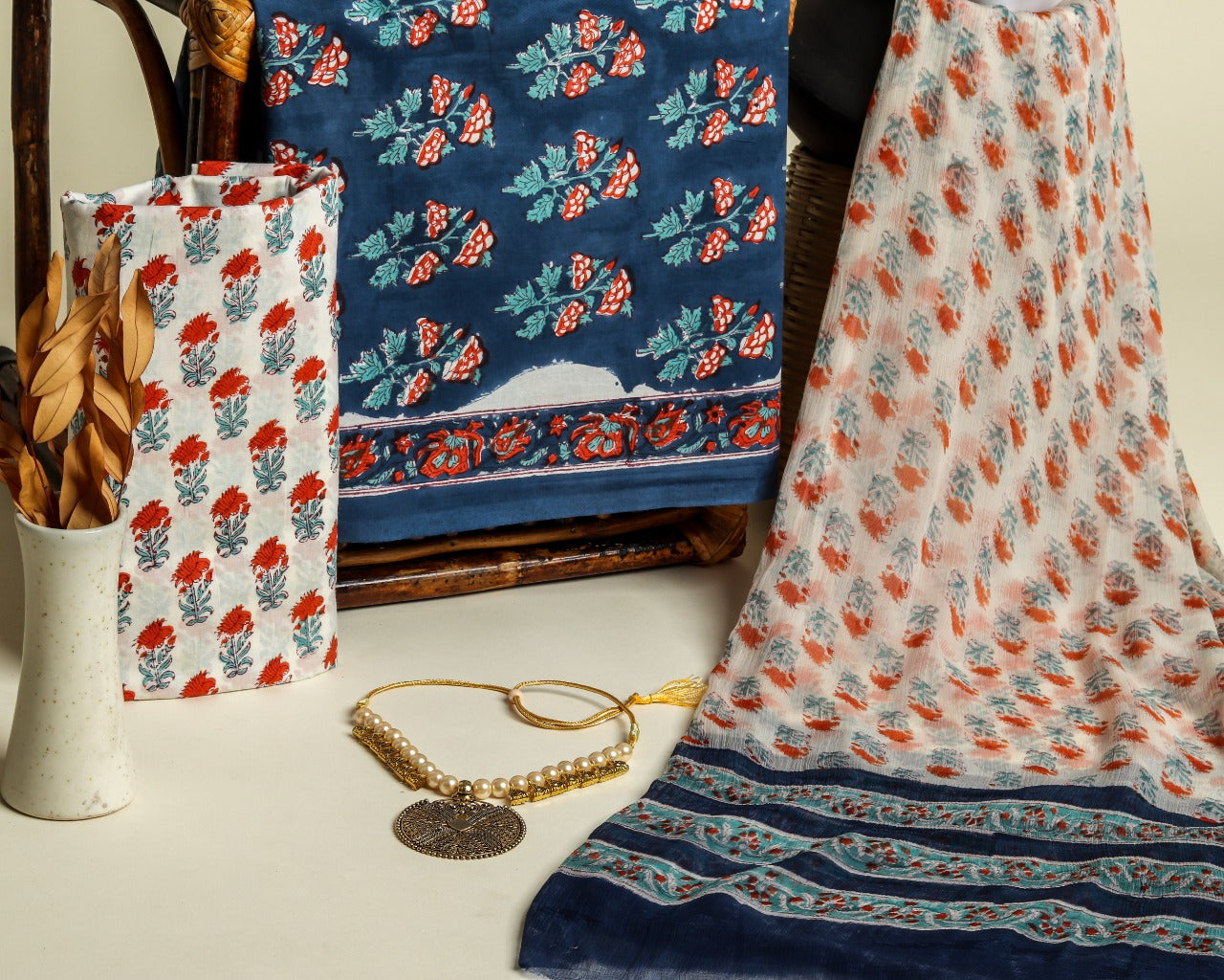 Shop Unstitched Hand Block Print Pure Cotton Suits with Chiffon Dupatta (PCHF243)