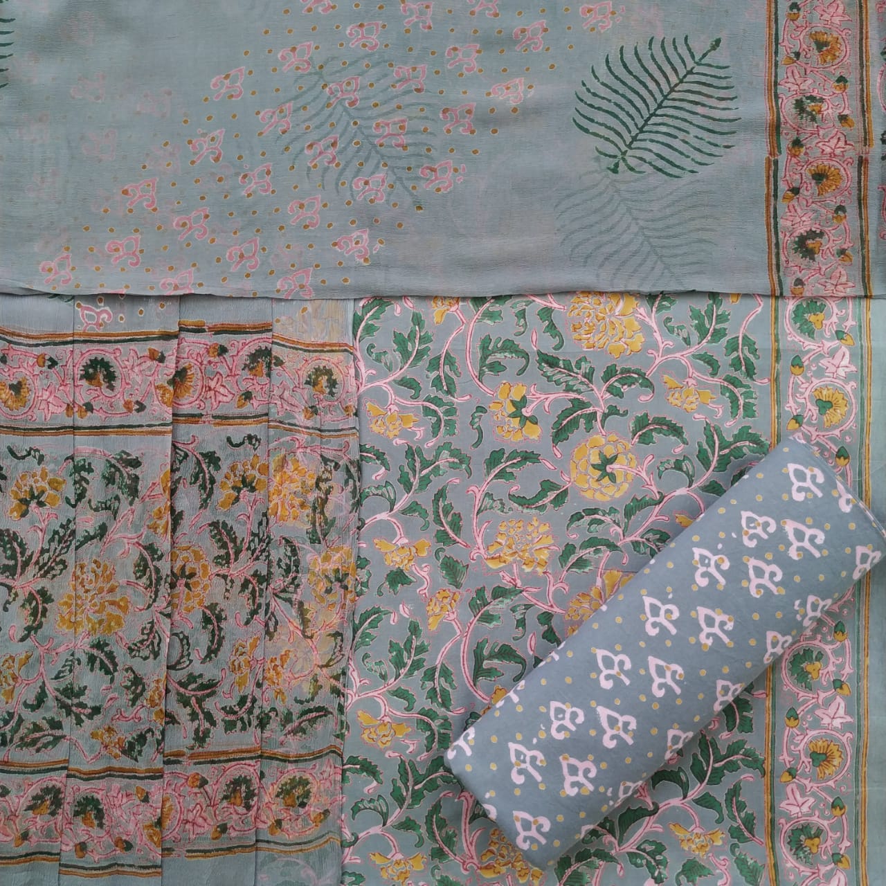 Shop Unstitched Hand Block Print Pure Cotton Suits with Chiffon Dupatta (PCHF246)