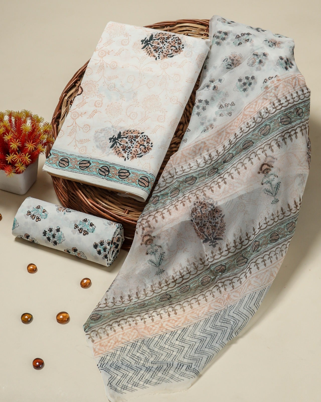 shop unstitched cotton suit with chiffon dupatta