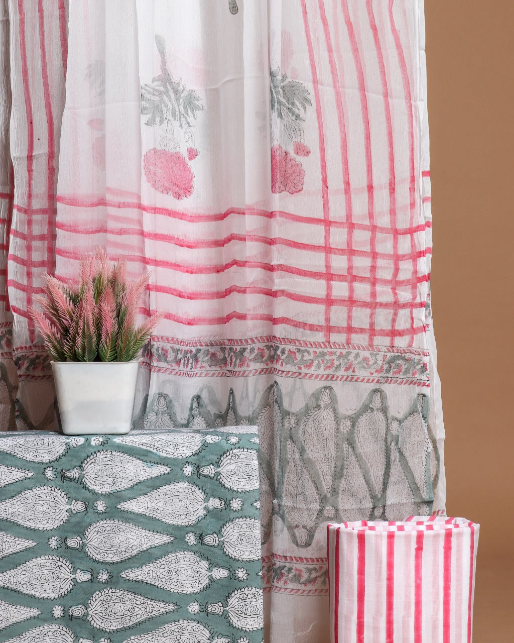 shop hand block print cotton suit with chiffon dupatta