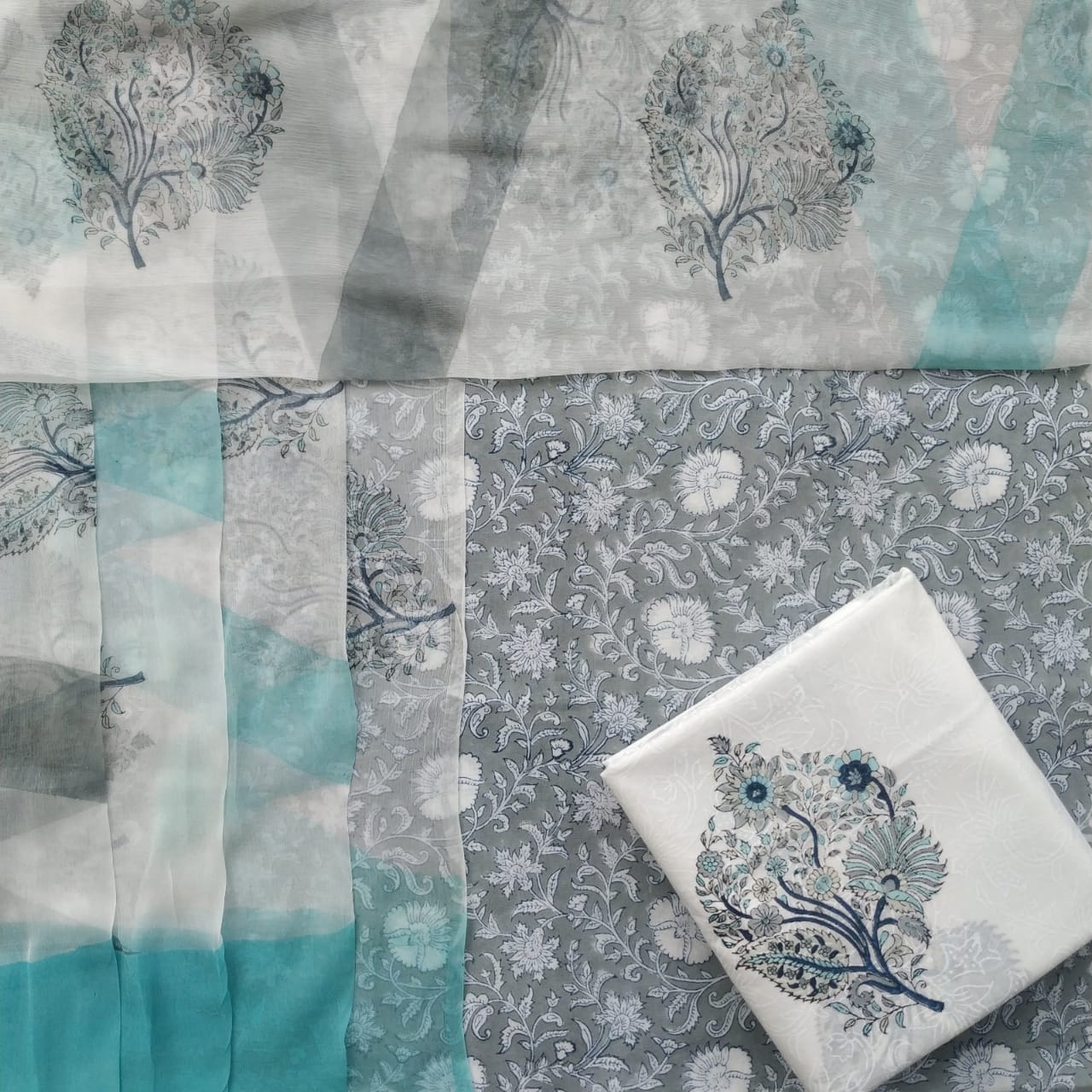 shop unstitched hand block print cotton suit with chiffon dupatta