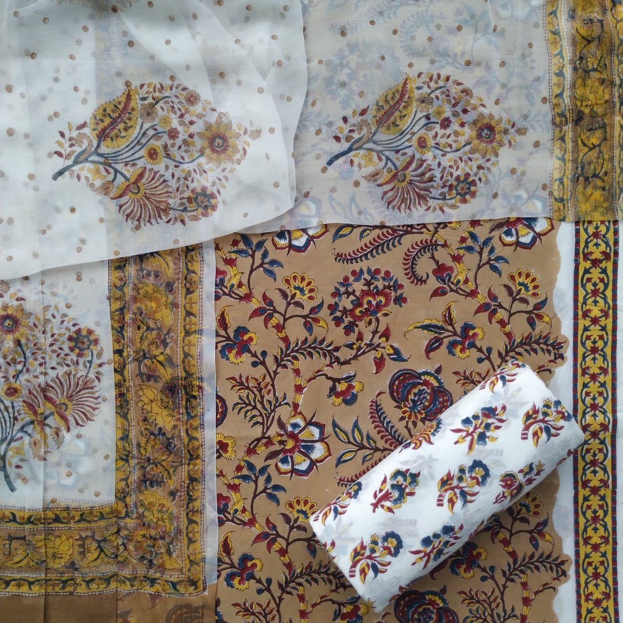 shop unstitched hand block print cotton suit with chiffon dupatta