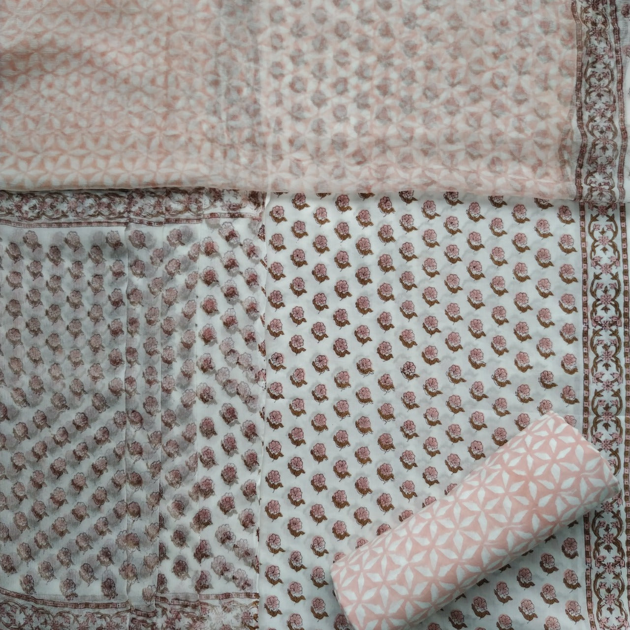 shop hand block print cotton suit with chiffon dupatta online