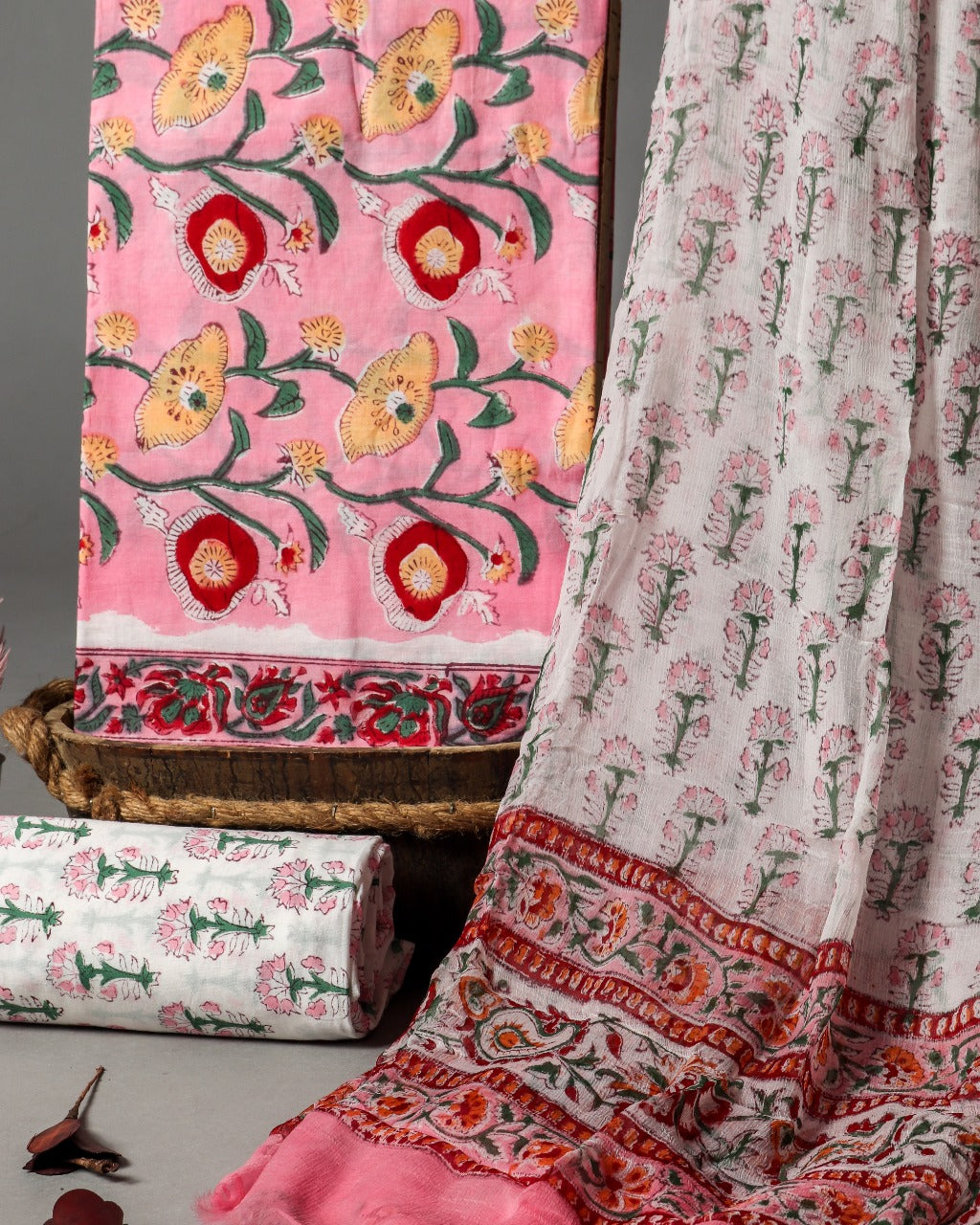 shop hand block print cotton suit set with chiffon dupatta (PCHF299)