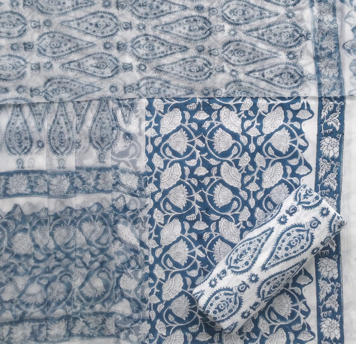 Shop hand block print cotton suit sets with chiffon dupatta(PCHF304)