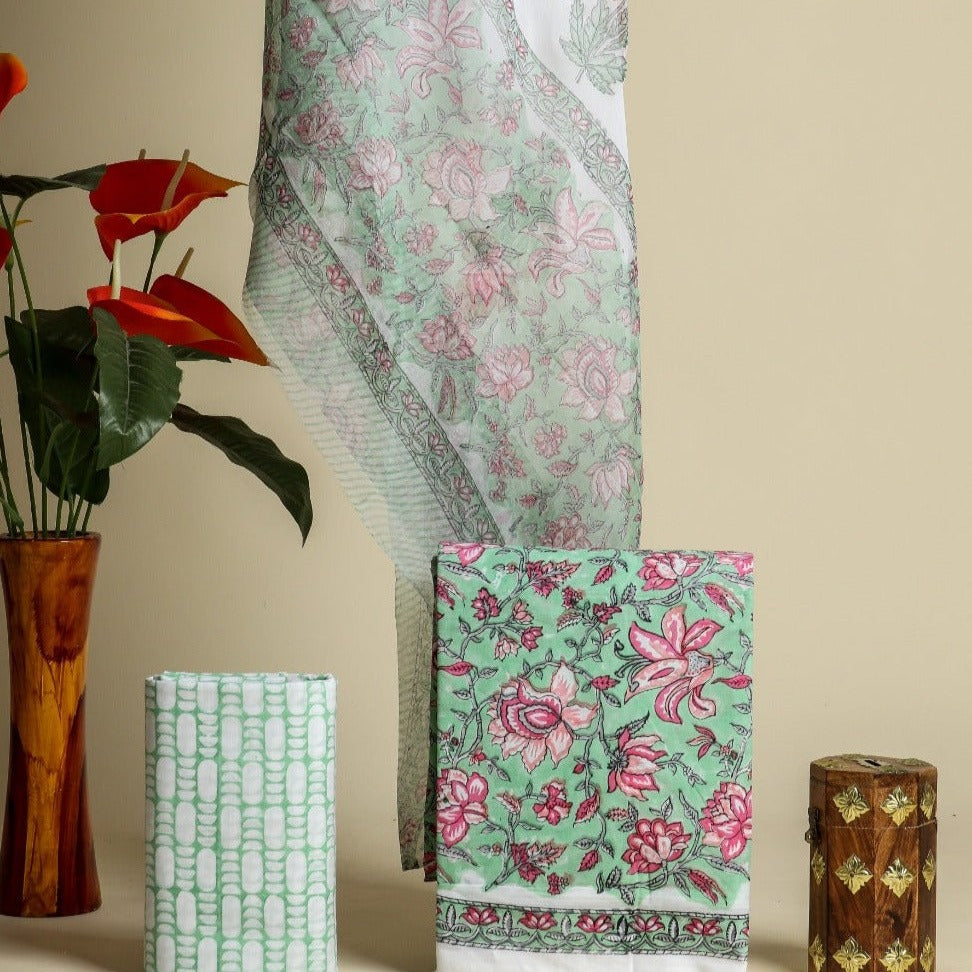 Shop hand block print cotton suit with chiffon dupatta (PCHF310)