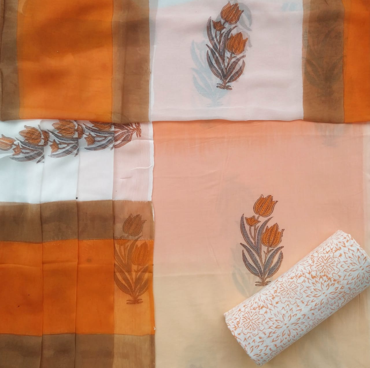 Shop ombre style hand block print suit set with chiffon dupatta (PCHF315)