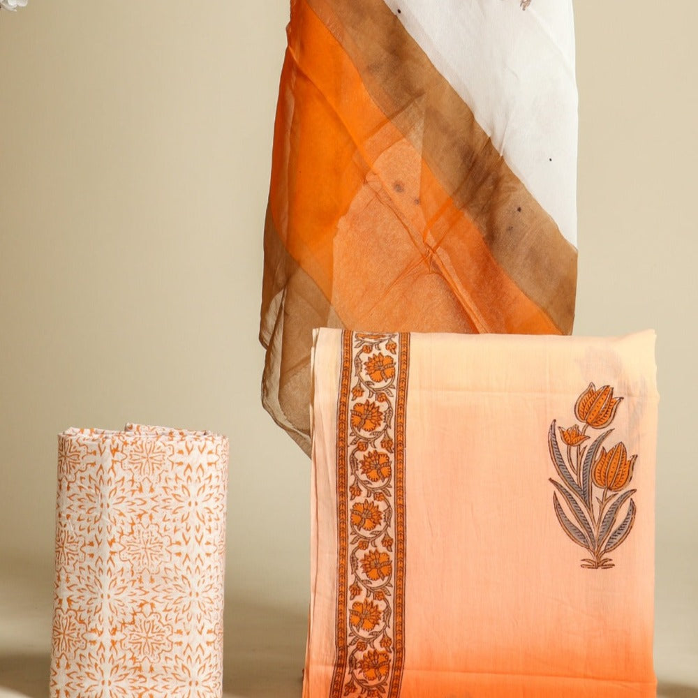 Shop ombre style hand block print suit set with chiffon dupatta (PCHF315)