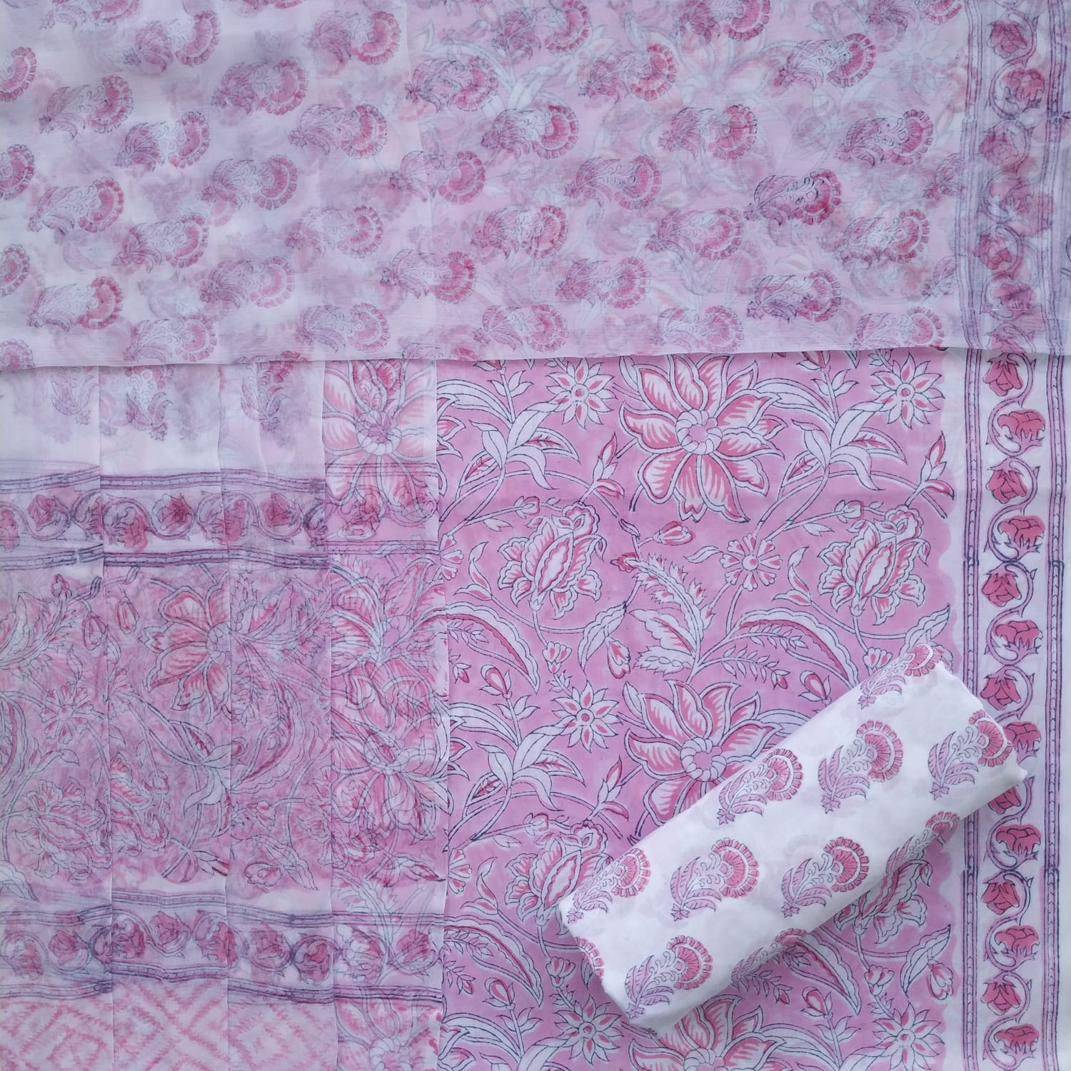 Shop jaipuri print cotton suit set with chiffon dupatta (PCHF321)