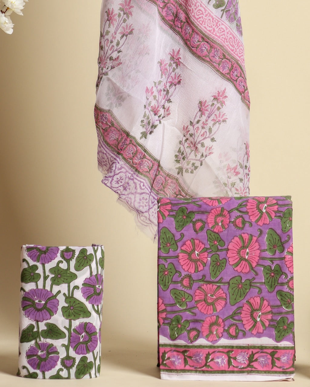 Shop unstitched cotton suit sets with chiffon dupatta (PCHF328)