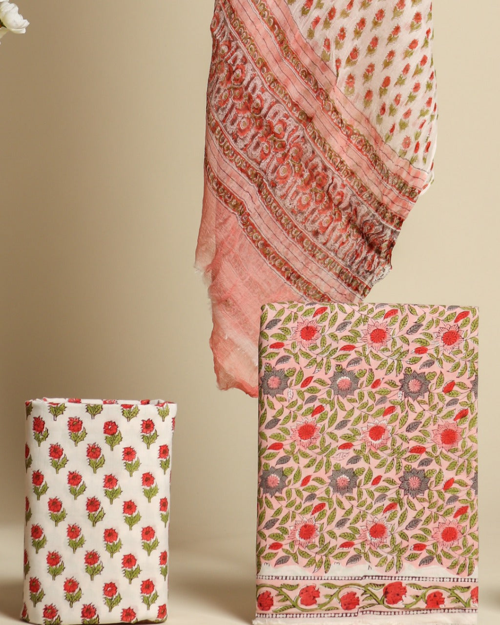 Shop unstitched cotton suit set with chiffon dupatta (PCHF340)
