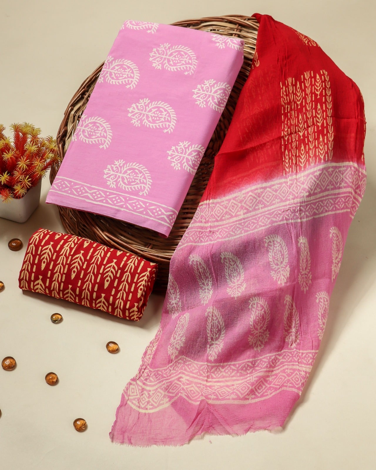 Shop unstitched cotton suits with chiffon dupatta (PCHF350)