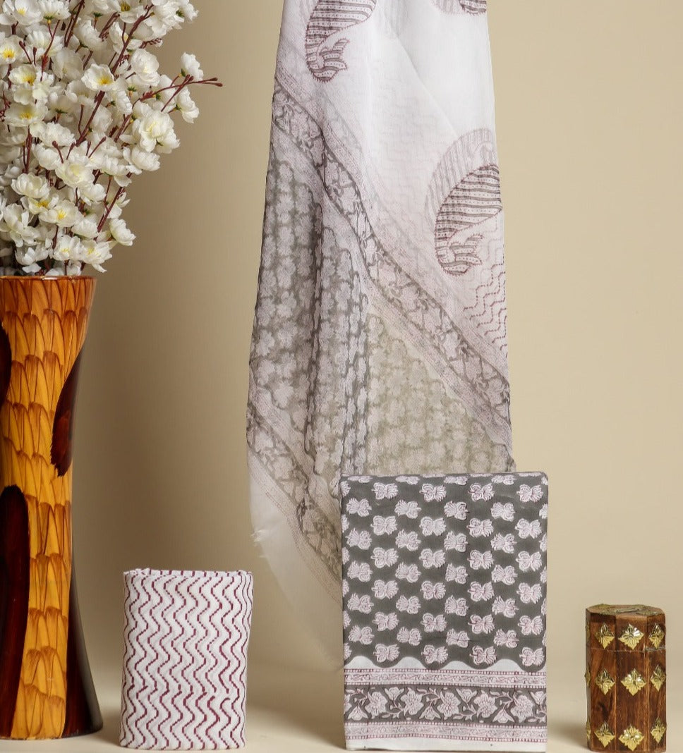 Shop unstitched cotton suit material with chiffon dupatta (PCHF356)