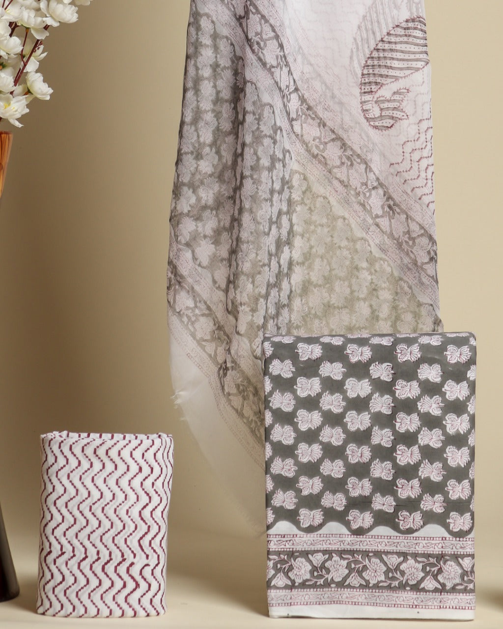 Shop unstitched cotton suit material with chiffon dupatta (PCHF356)